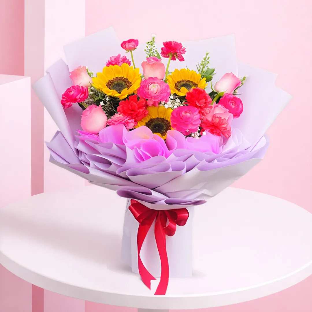 Red & Pink Roses with Sunflower Bouquet