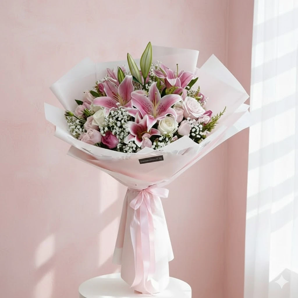 Romantic Pink Lily Bouquet for Valentine