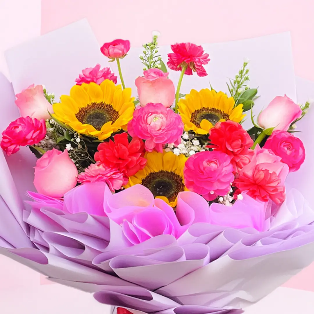 Red & Pink Roses with Sunflower Bouquet