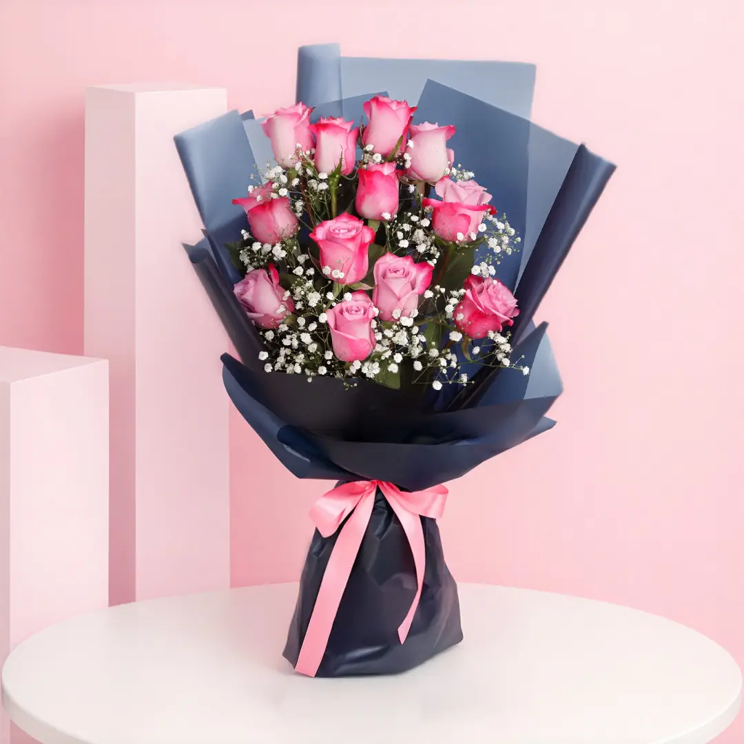 12 Pink Roses Charm Bouquet