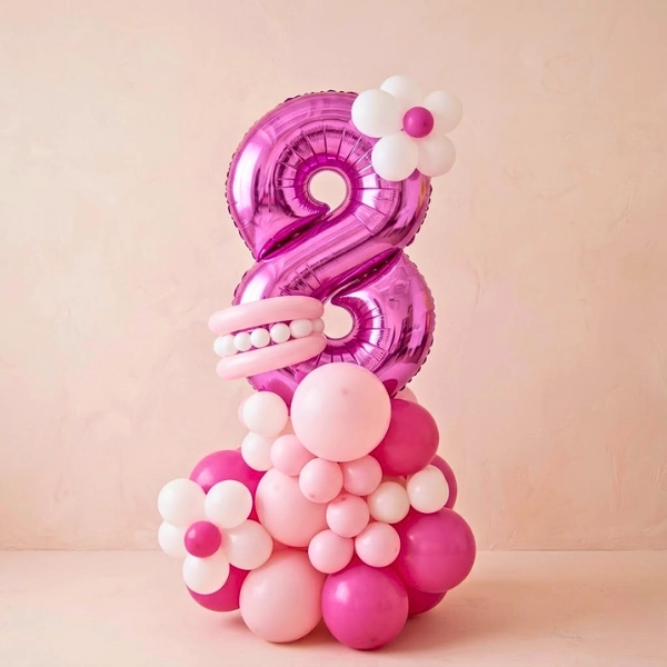 Pink Number 3 Balloon Arrangement with Floral Accents