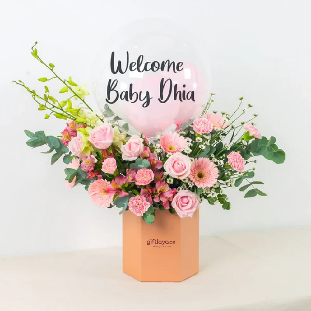 Pink balloon flower box